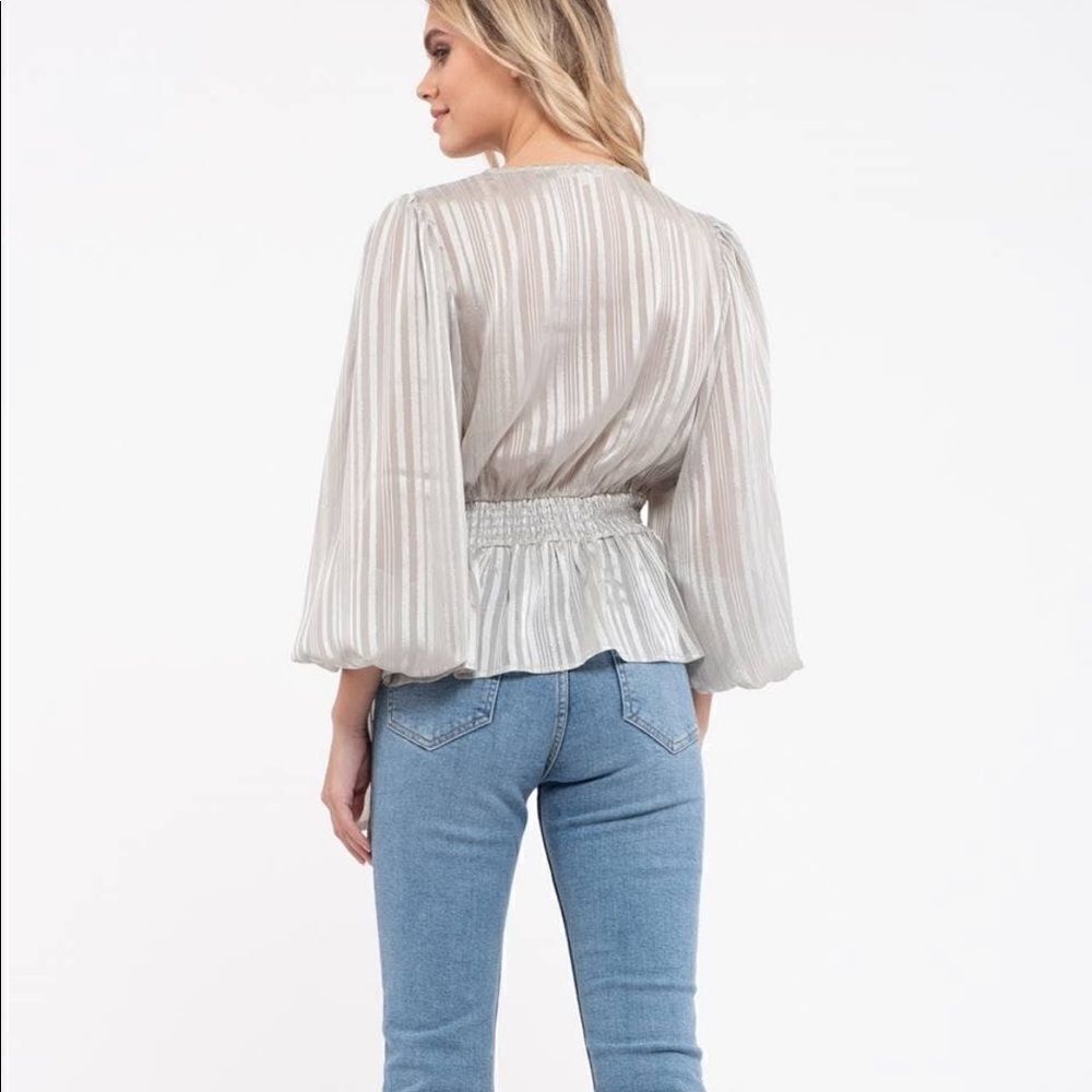 NWT mine sage green lurex stripe blouse - Picture 2 of 7